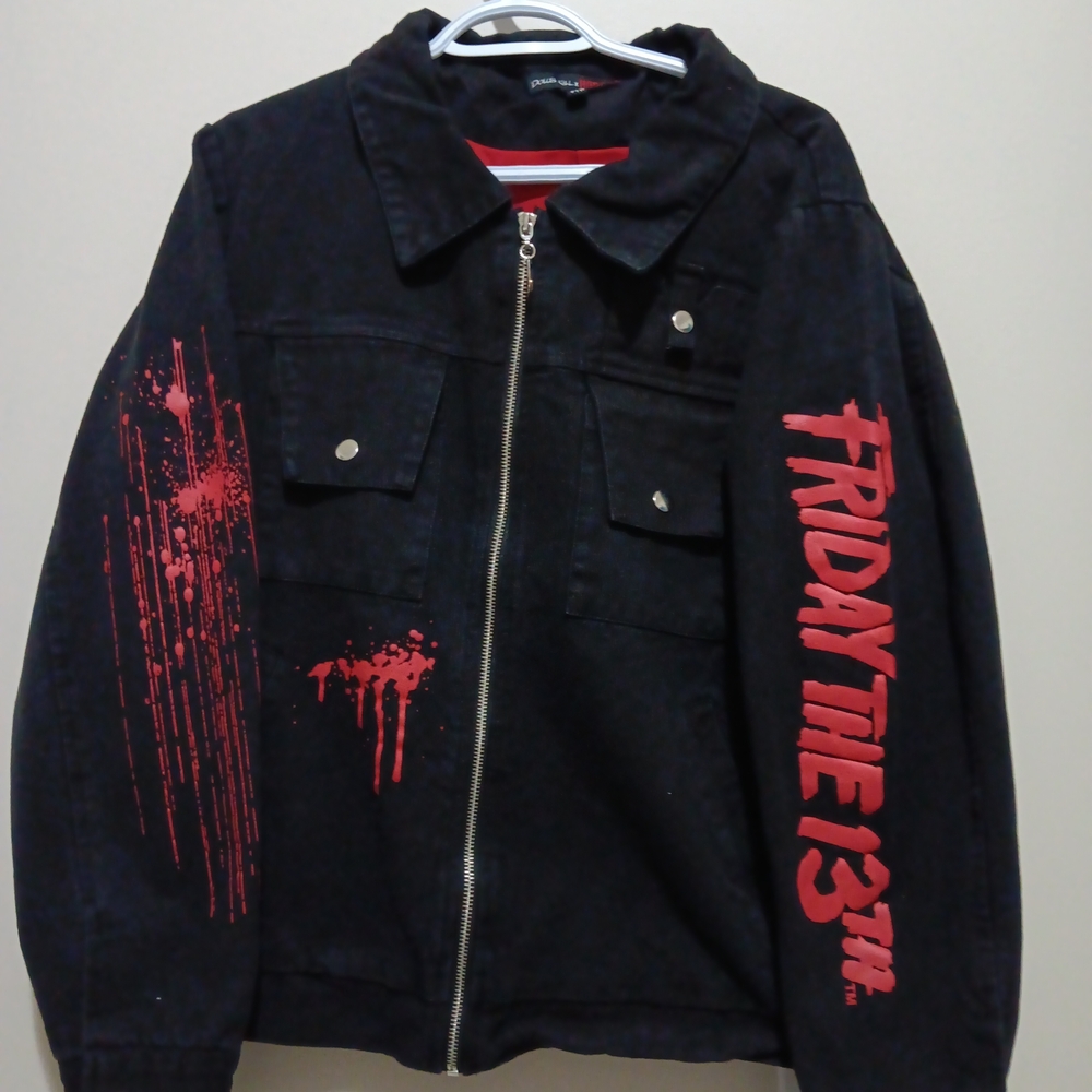 Dolls Kill Black and Red Graphic Jean Jacket